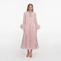 Pink Metallic Chiffon Feather Midi Dress
