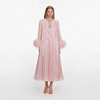 Pink Metallic Chiffon Feather Midi Dress