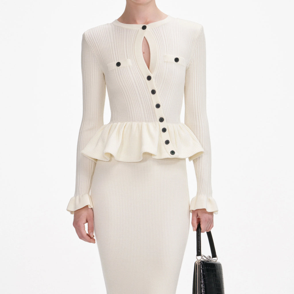 Cream Asymmetric Knit Midi Dress