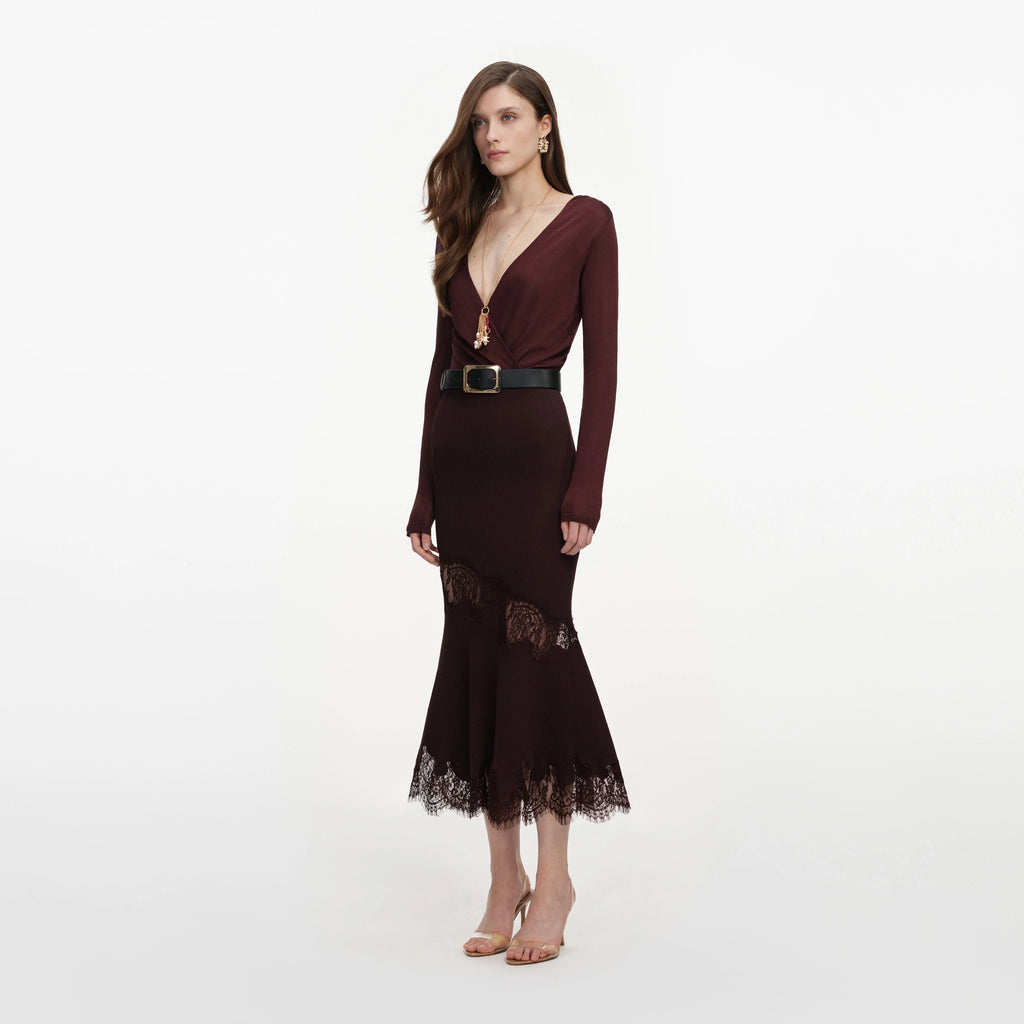 Brown Ribbed Knit Midi Skirt