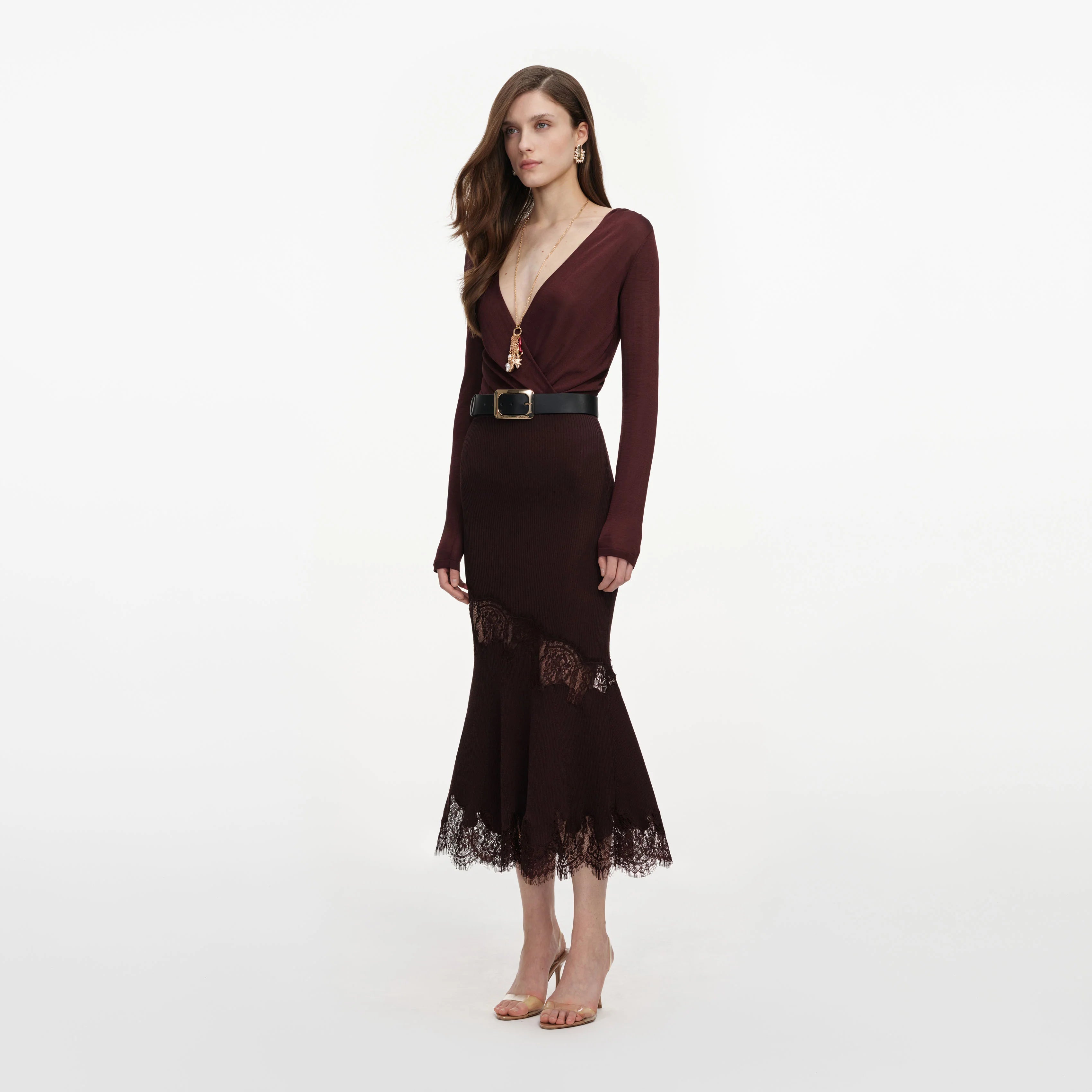 Brown Ribbed Knit Midi Skirt