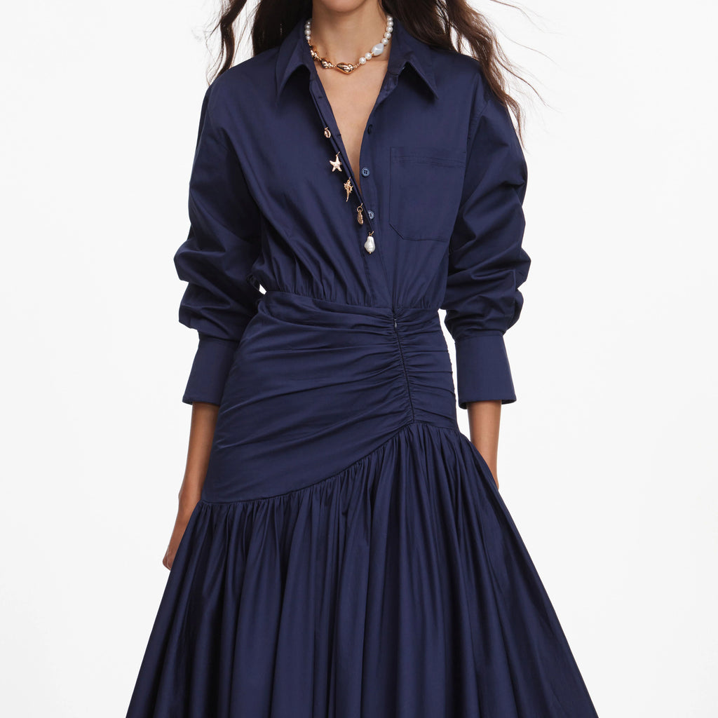 Navy Cotton Asymmetric Midi Dress