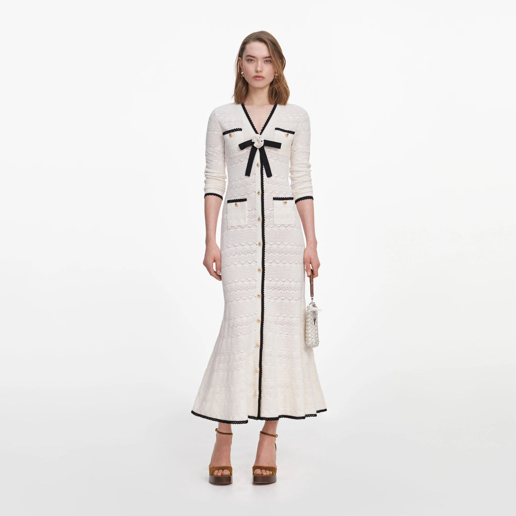White Pointelle Knit Long Cardigan