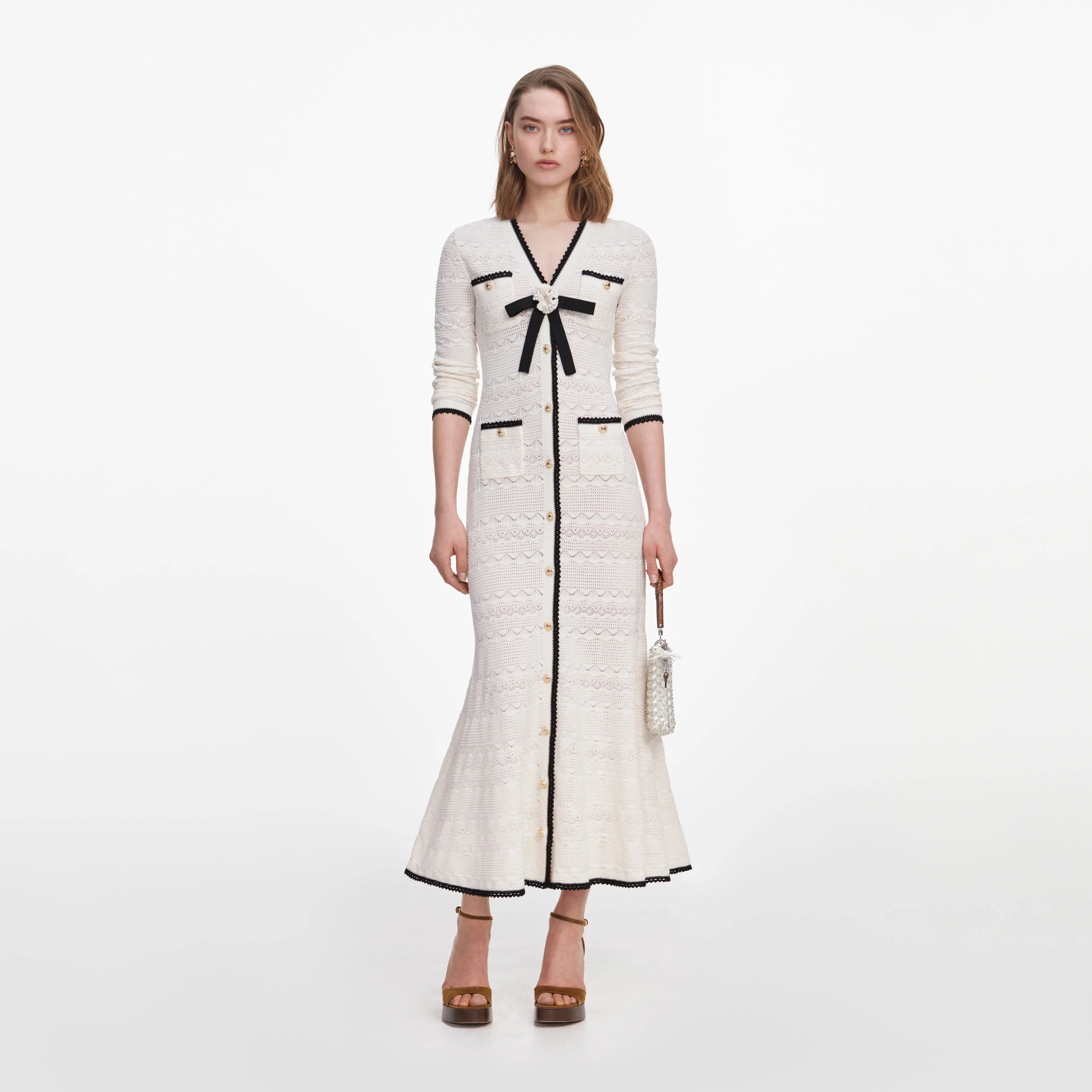 White Pointelle Knit Long Cardigan