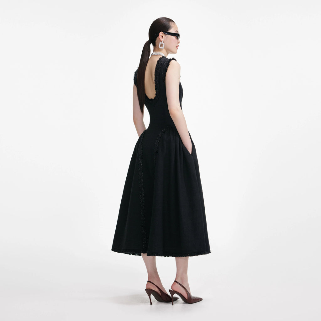 Black Boucle Sleeveless Midi Dress