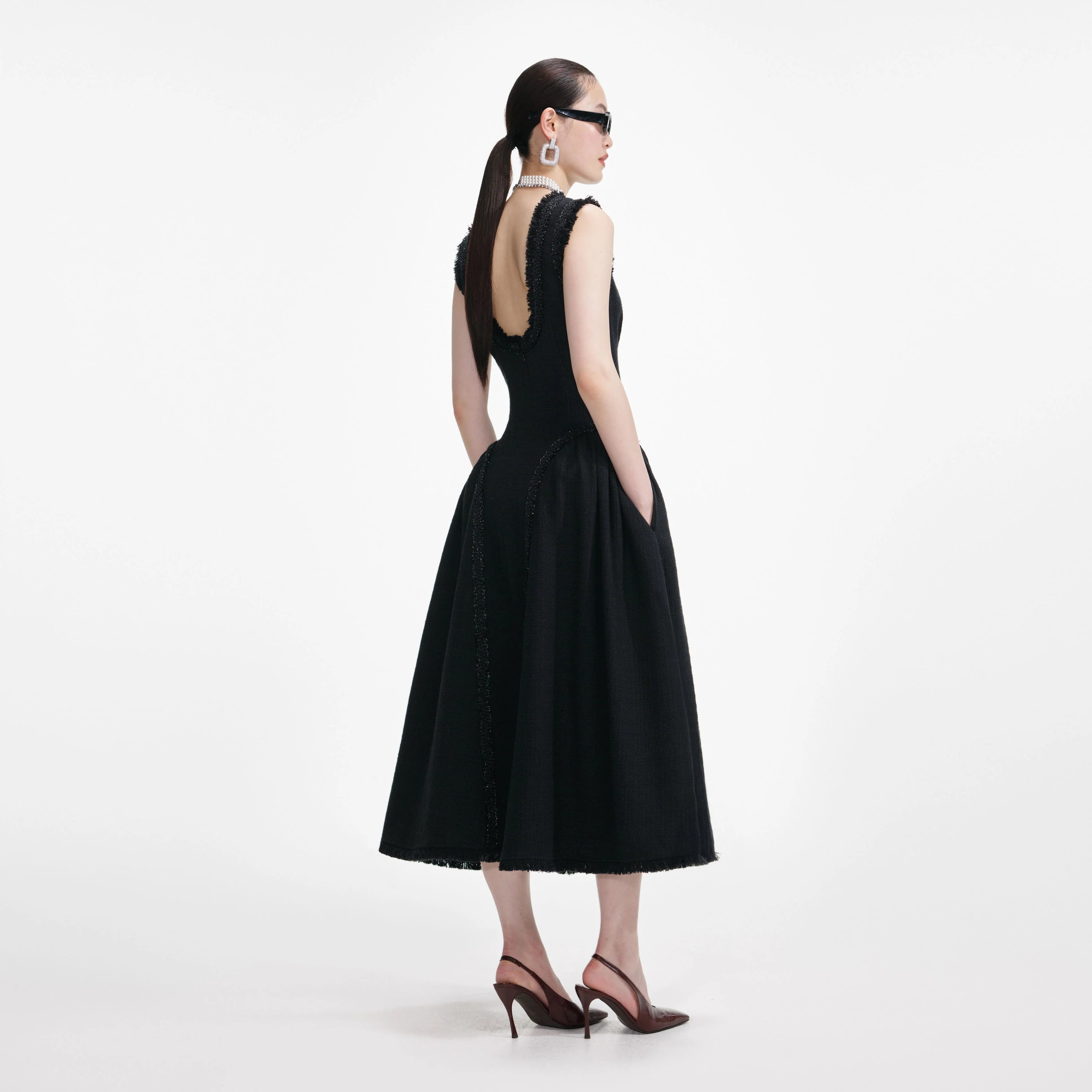 Black Boucle Sleeveless Midi Dress