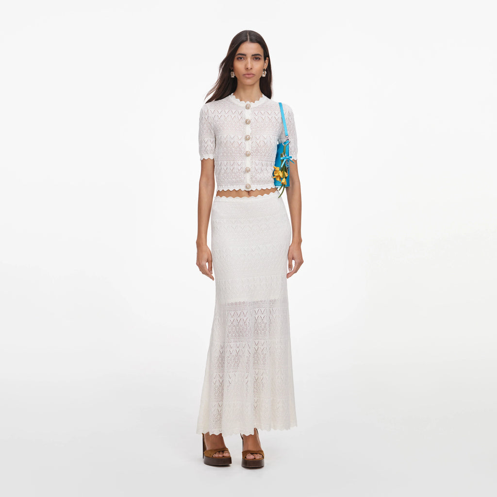 White Pointelle Knit Midi Skirt