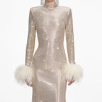 Champagne Rhinestone Feather Midi Dress