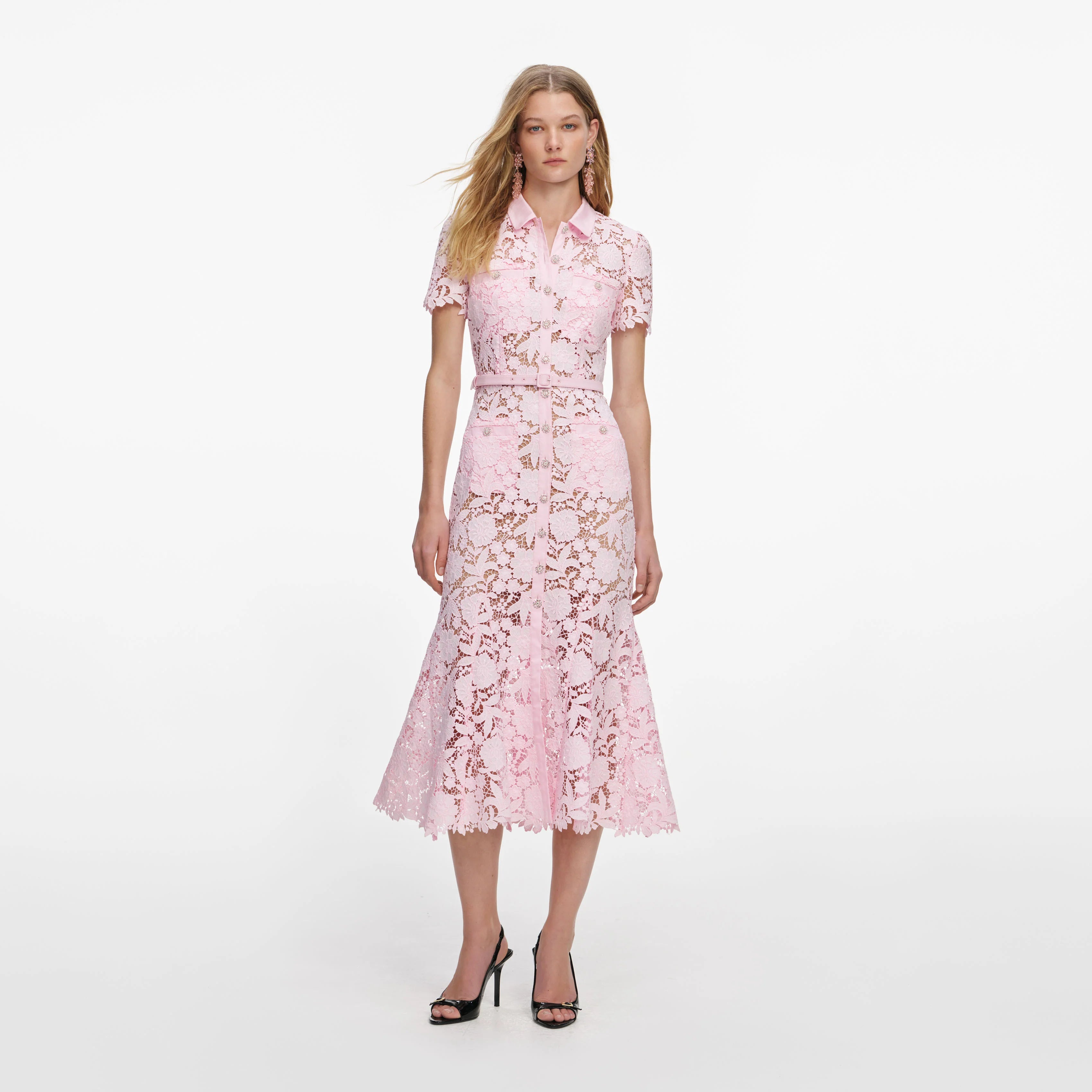 Pink Lace Collared Midi Dress