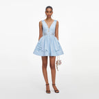 Blue Cotton Embroidered Mini Dress