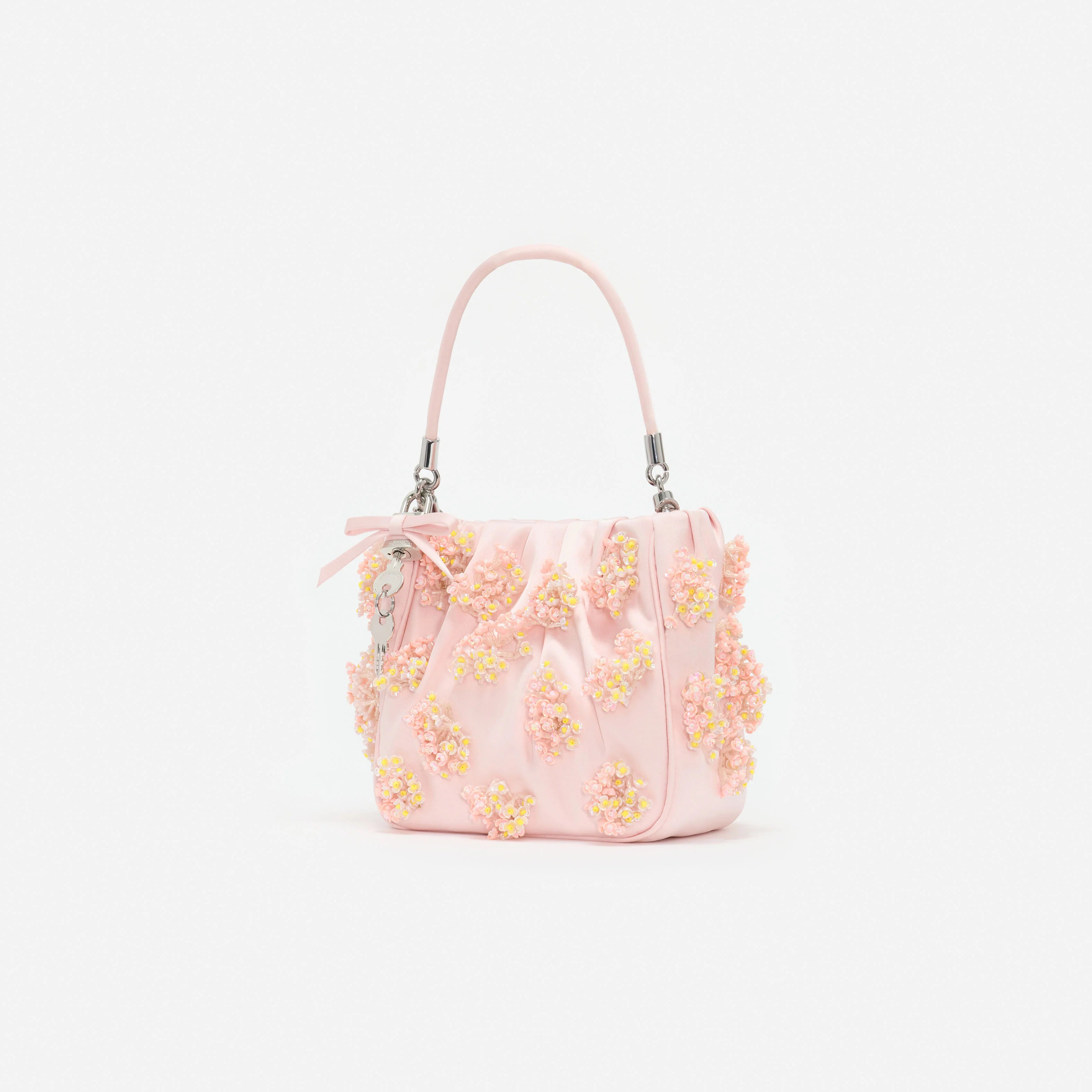 Pink Satin Floral Beaded Tote Bag