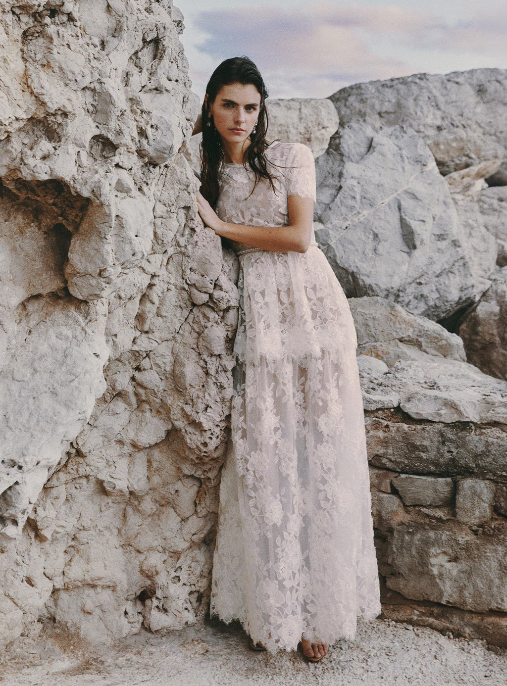 White Sequin Lace Tiered Maxi Dress