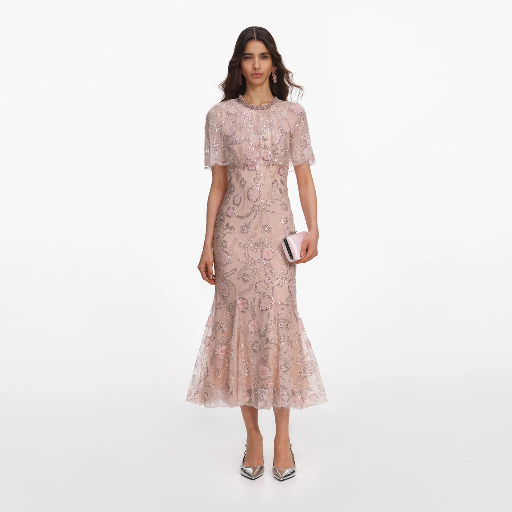 Pink Embellished Cape Midi Dress