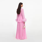 Pink Georgette Feather Cuff Maxi Dress