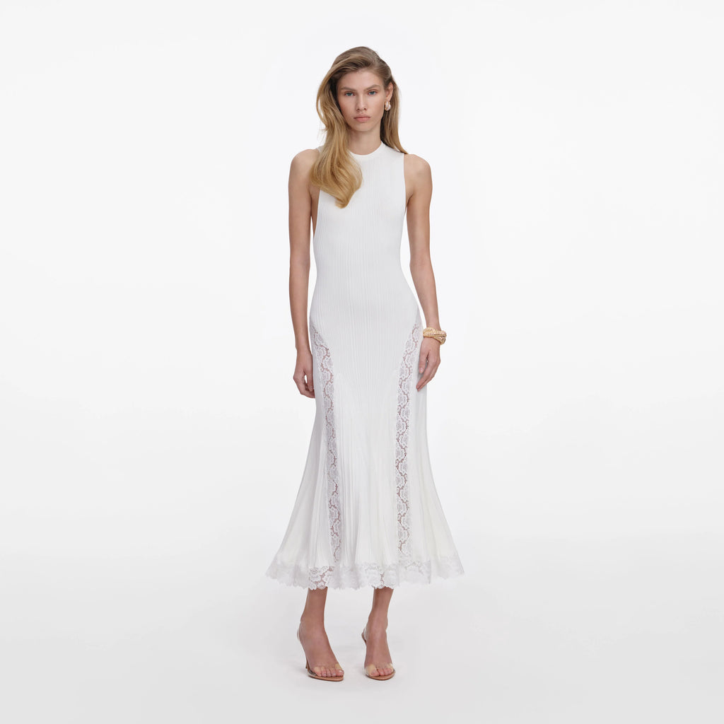White Knit Lace Insert Midi Dress