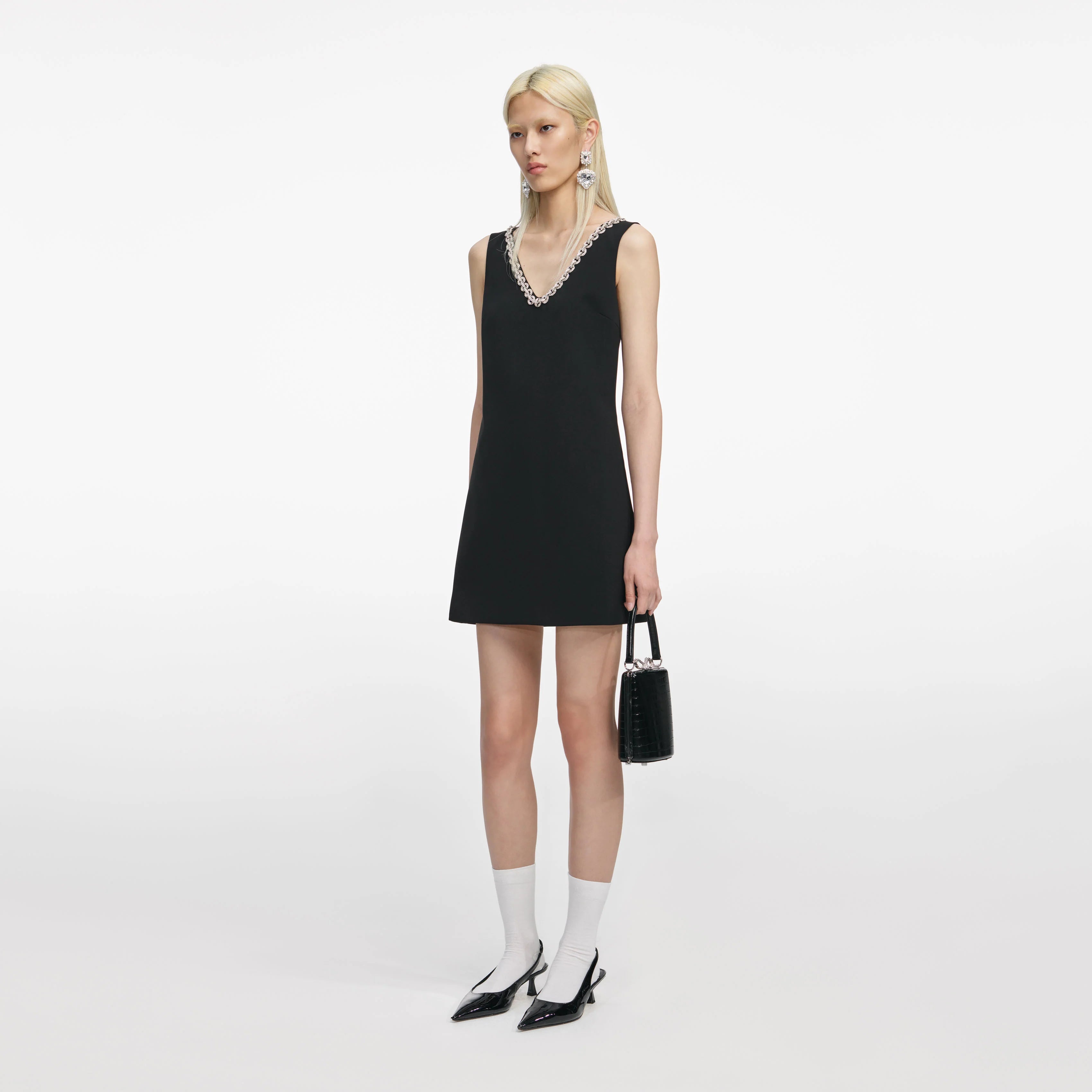 Black Crepe Crystal Trim Mini Dress