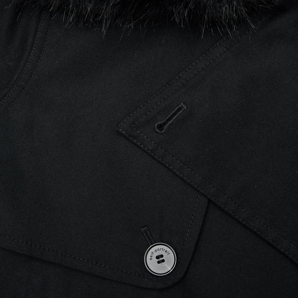 Black Twill Fur Collar Trench Coat