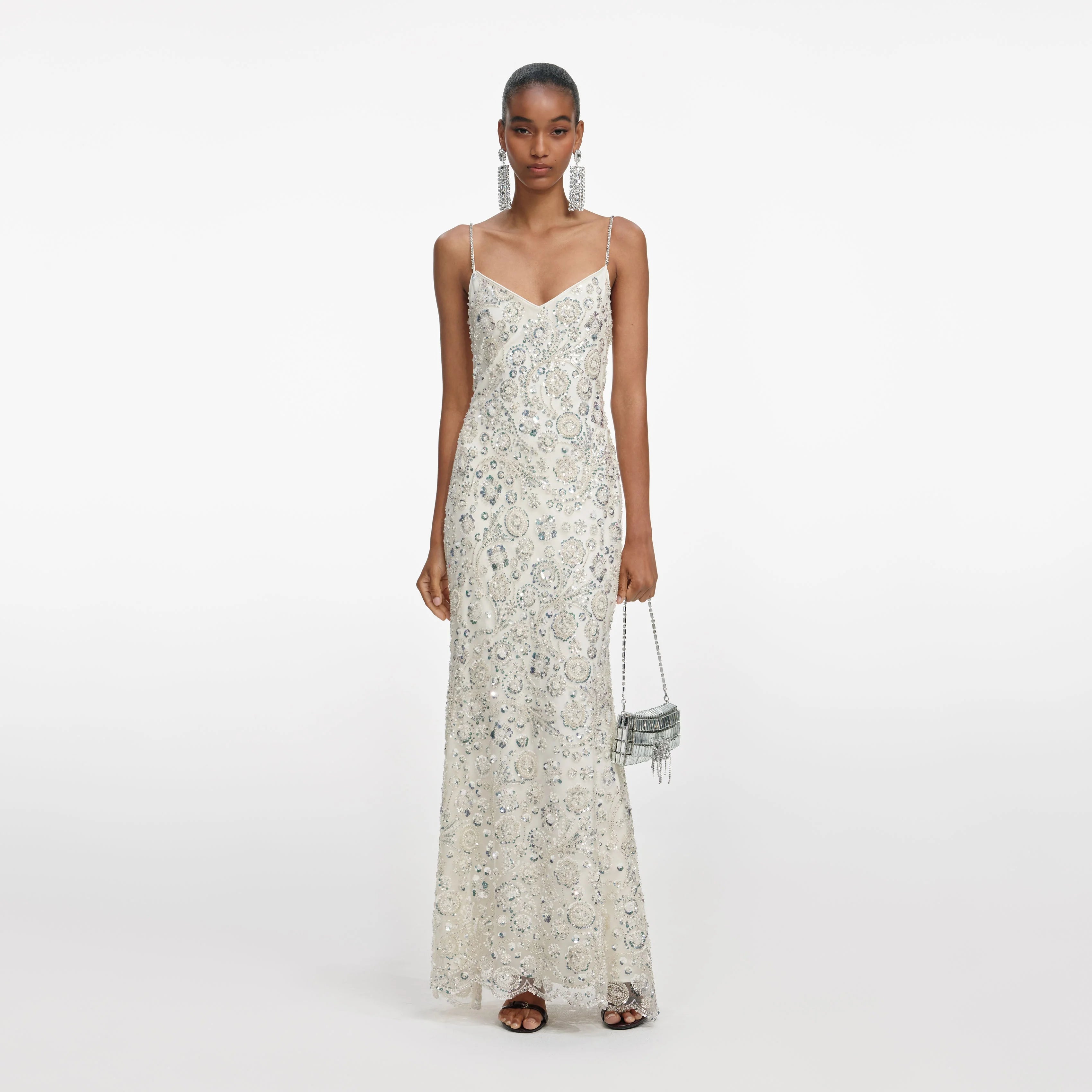 Cream Floral Sequin Maxi Dress