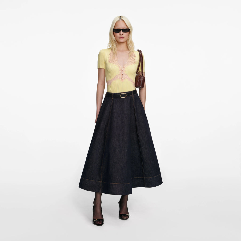 Indigo Denim Flared Midi Skirt