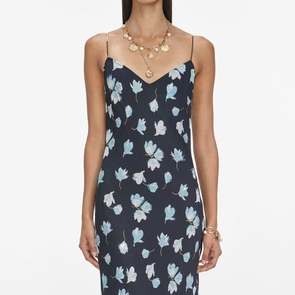 Navy Floral Rhinestone Maxi Dress