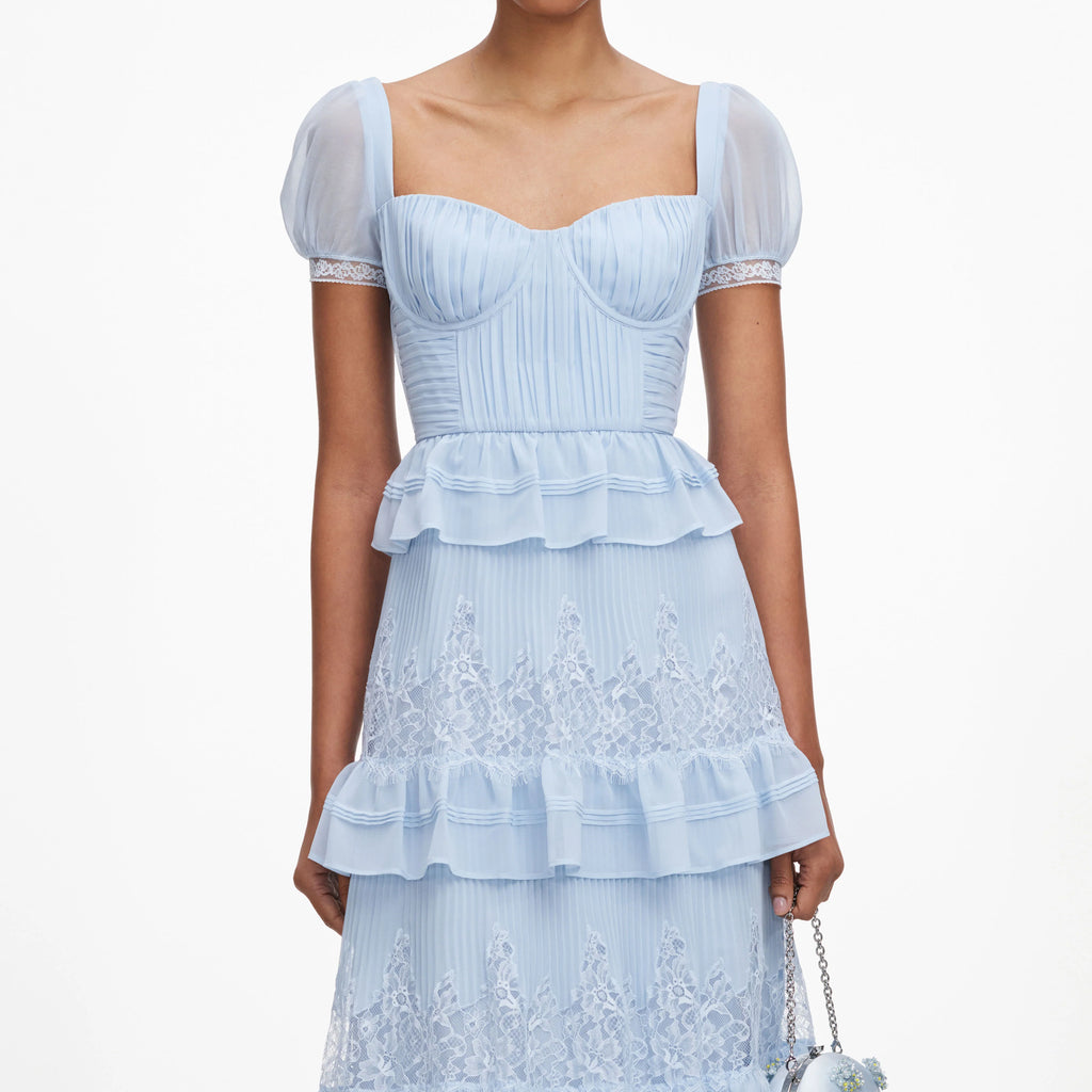 Blue Chiffon Short Sleeve Midi Dress