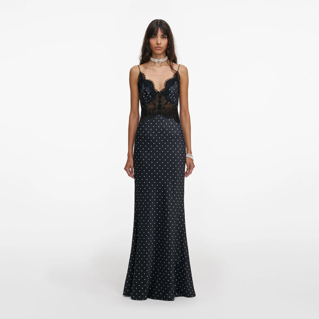 Polka Dot Satin Lace Maxi Dress