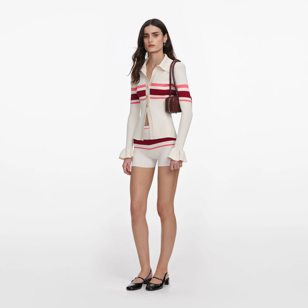 Cream Stripe Viscose Knit Button Top