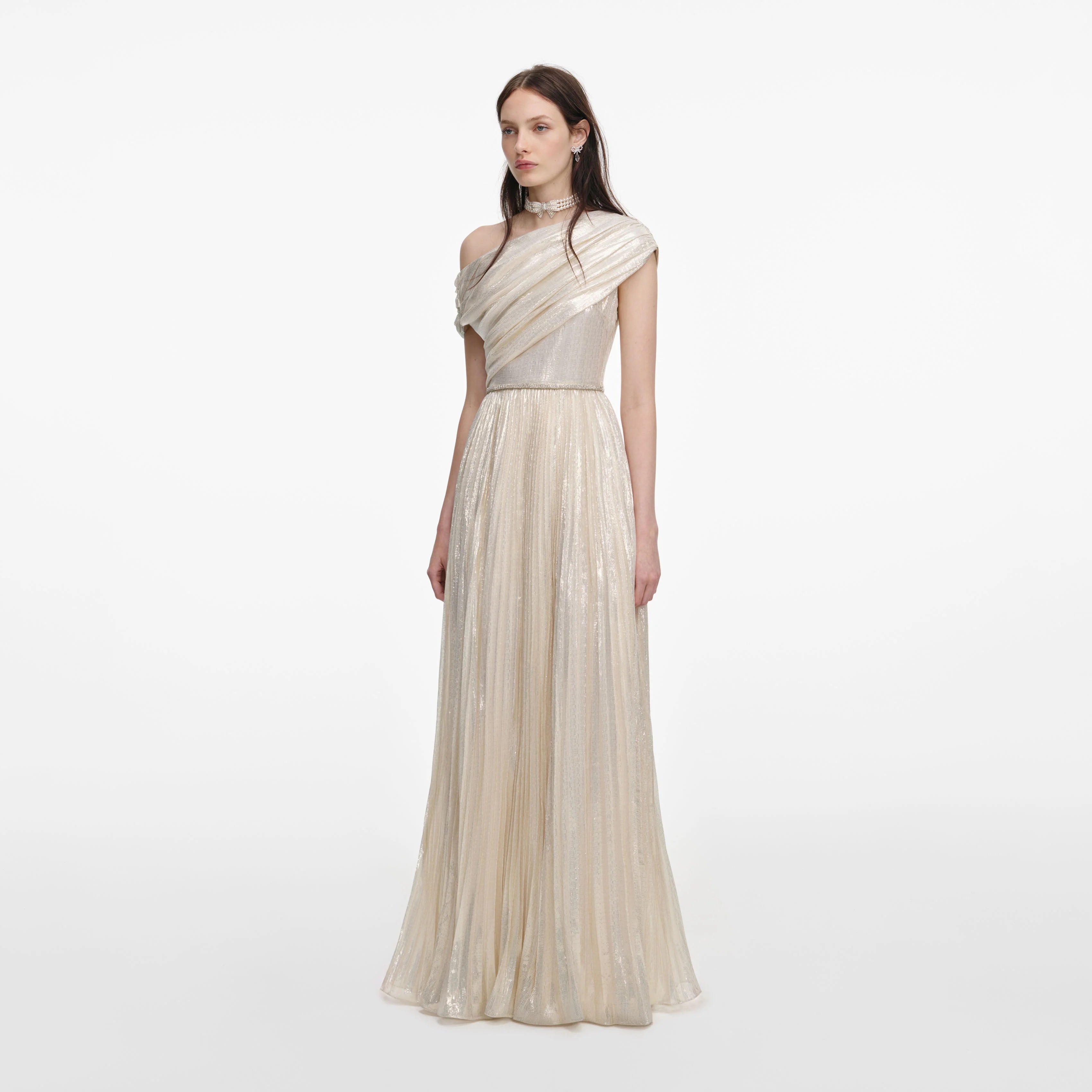 Champagne Metallic Chiffon Maxi Dress