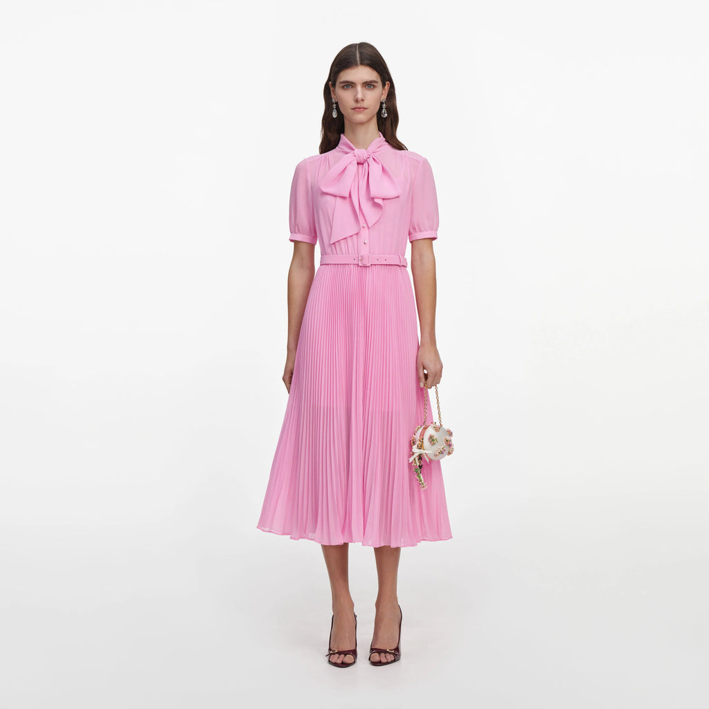 Pink Georgette Tie Neck Midi Dress