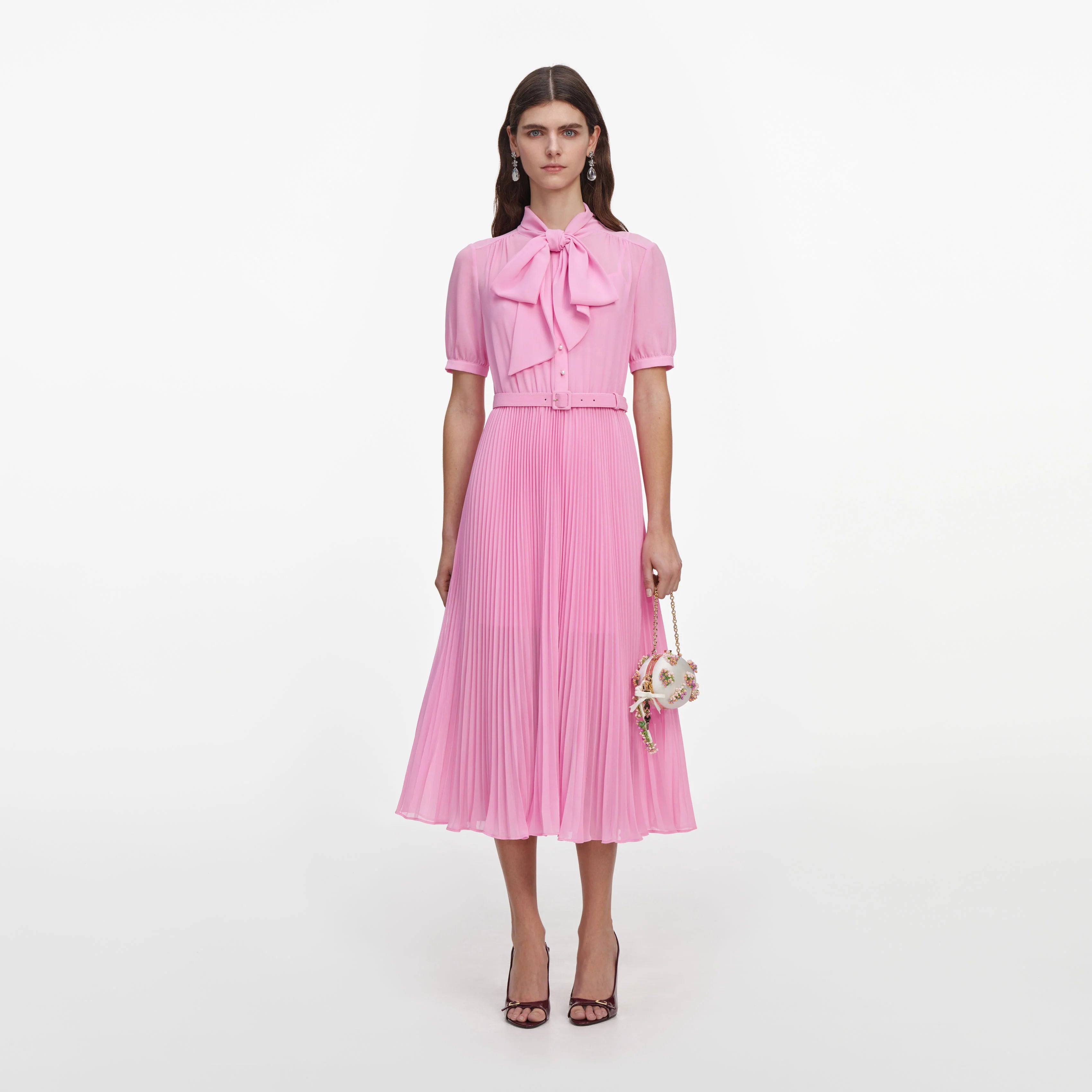 Pink Georgette Tie Neck Midi Dress