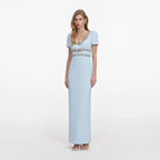 Blue Crepe Embellished Bow Maxi Dress