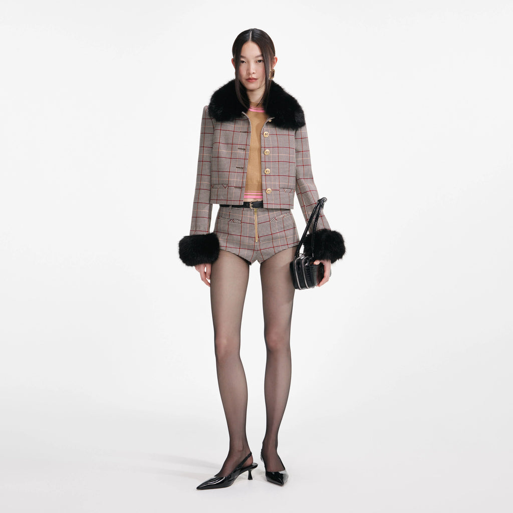 Brown Check Fur Cuff Jacket
