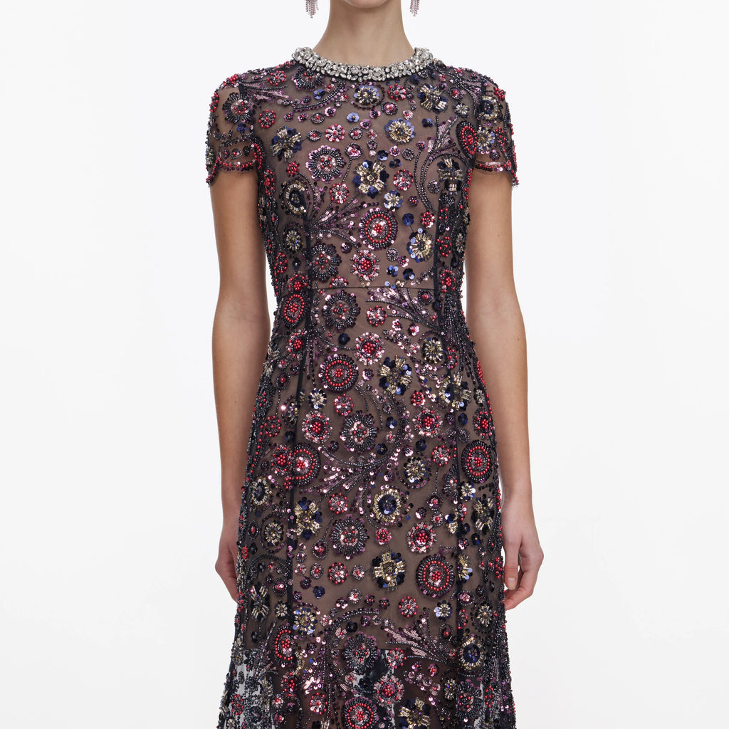 Navy Floral Sequin Midi Dress