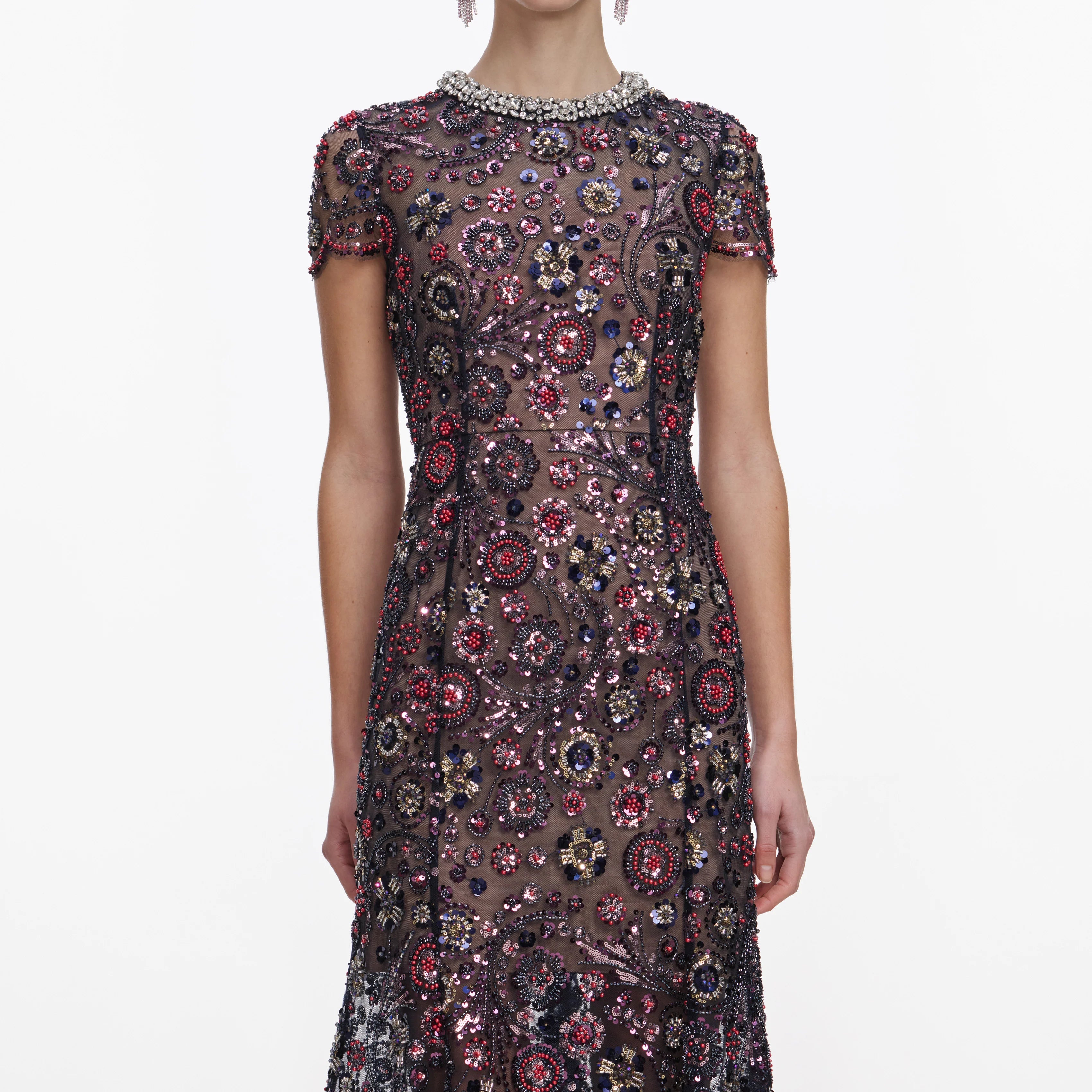 Navy Floral Sequin Midi Dress