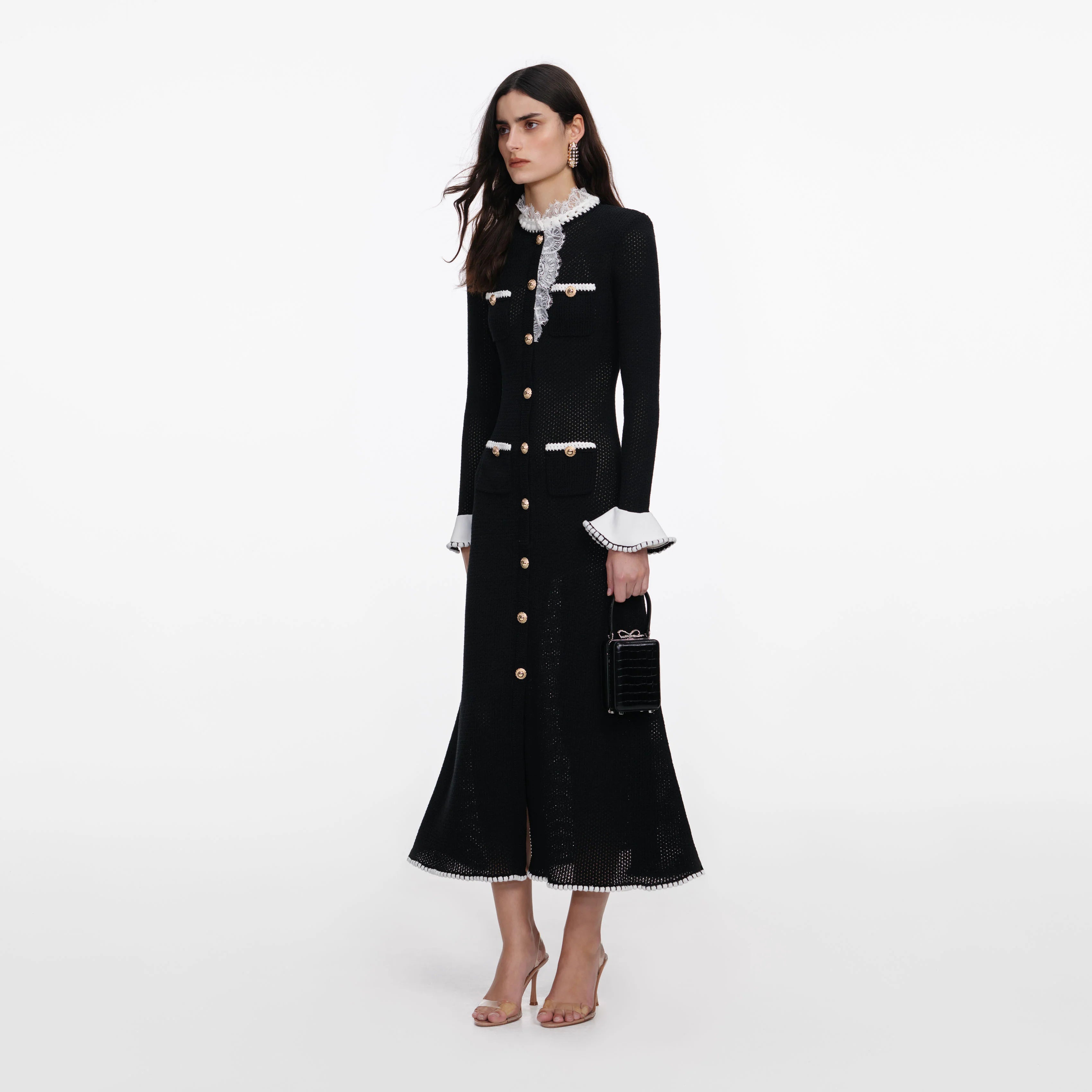 Black Lace Trim Knit Midi Dress