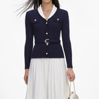 Navy Ribbed Knit Contrast Midi Dress