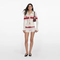 Cream Stripe Viscose Knit Button Top