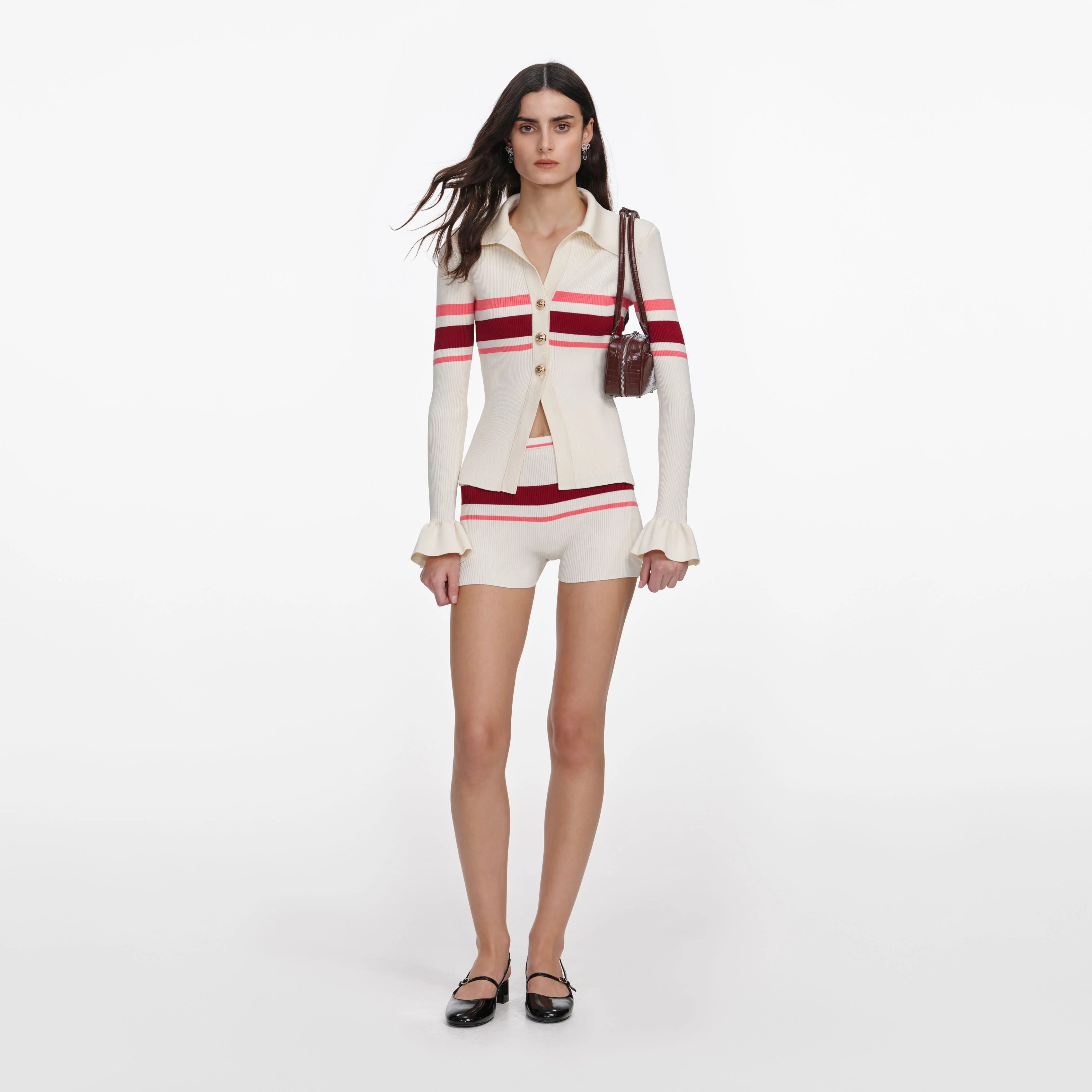 Cream Stripe Viscose Knit Button Top