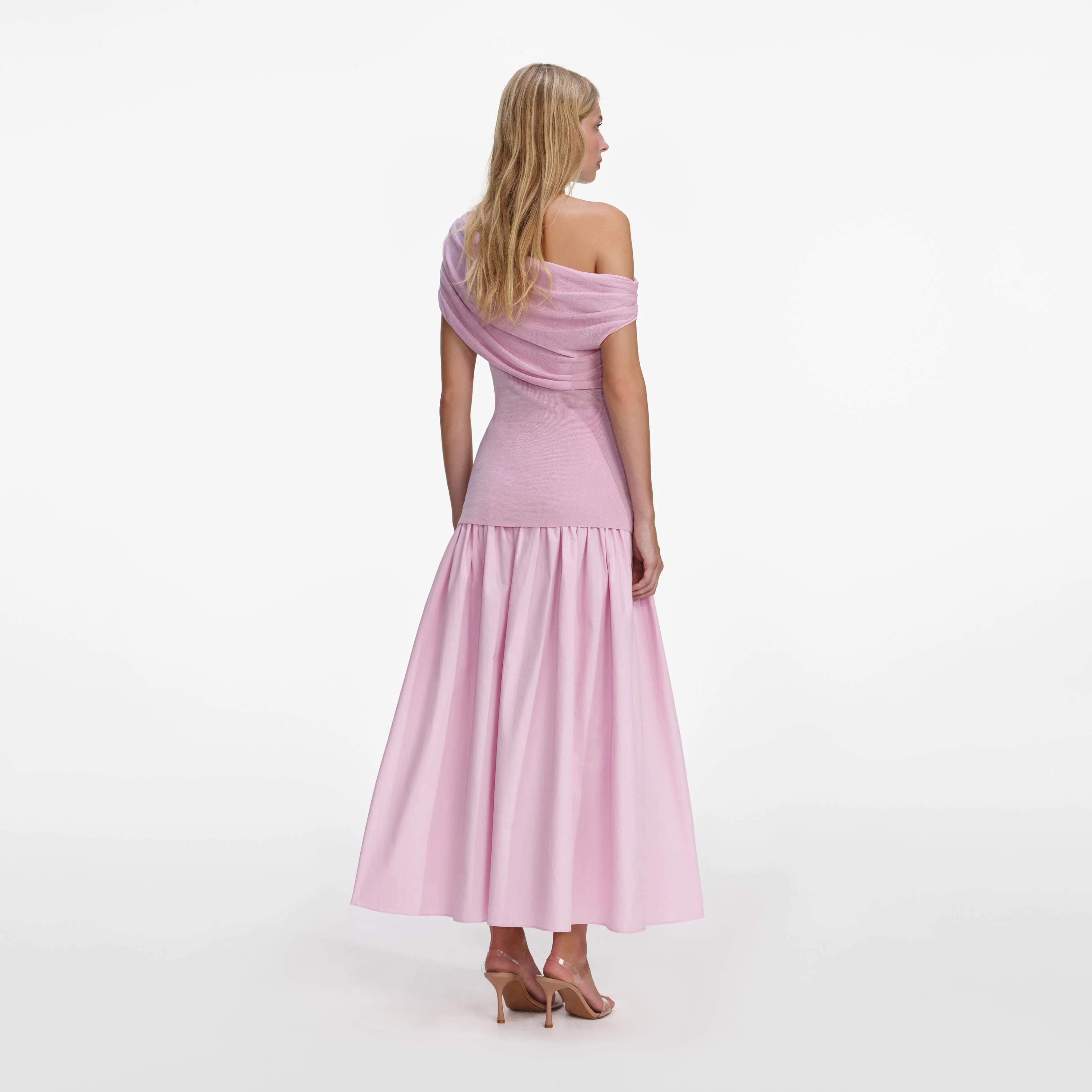 Pink Cotton Draped Knit Midi Dress