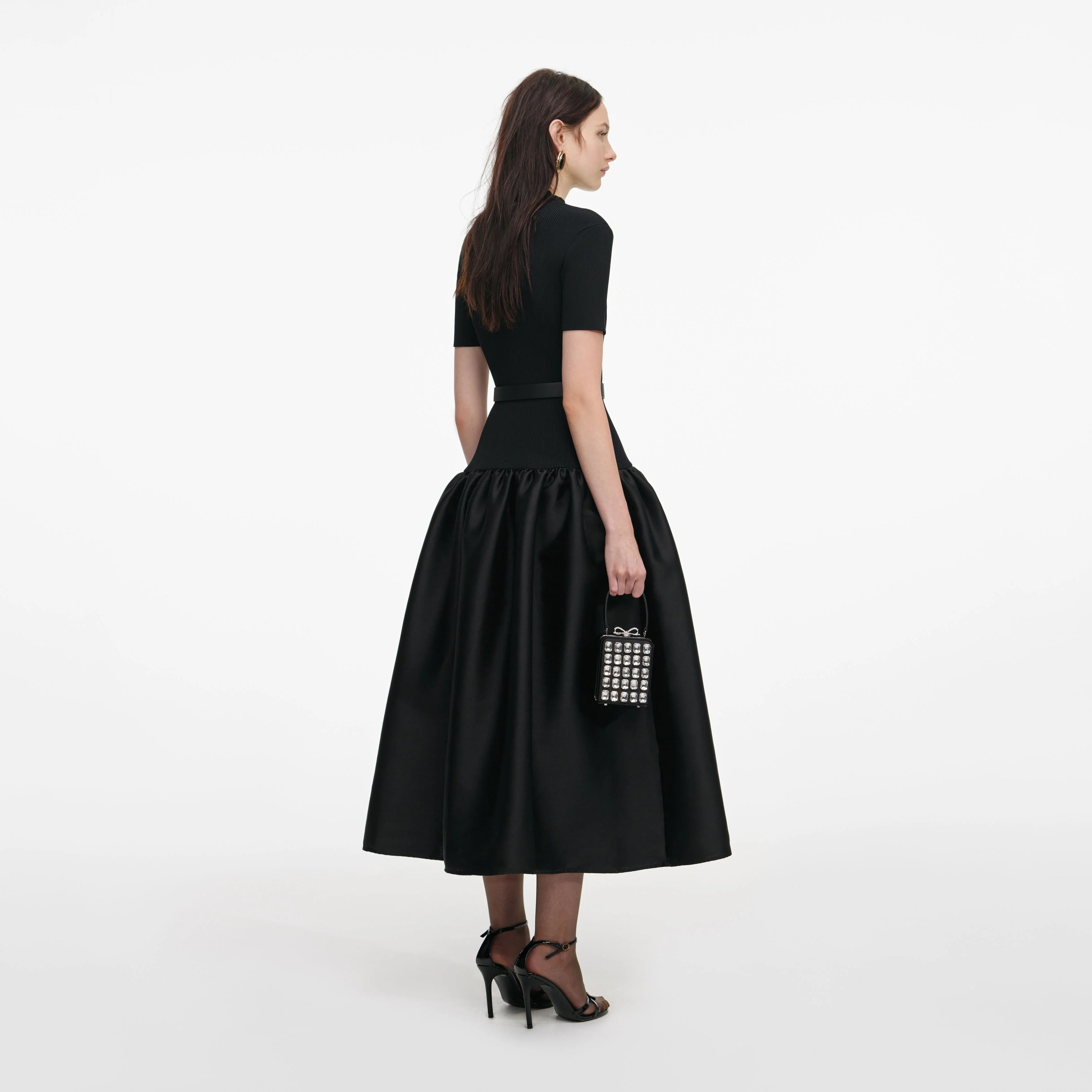 Black Knit Taffeta Midi Dress