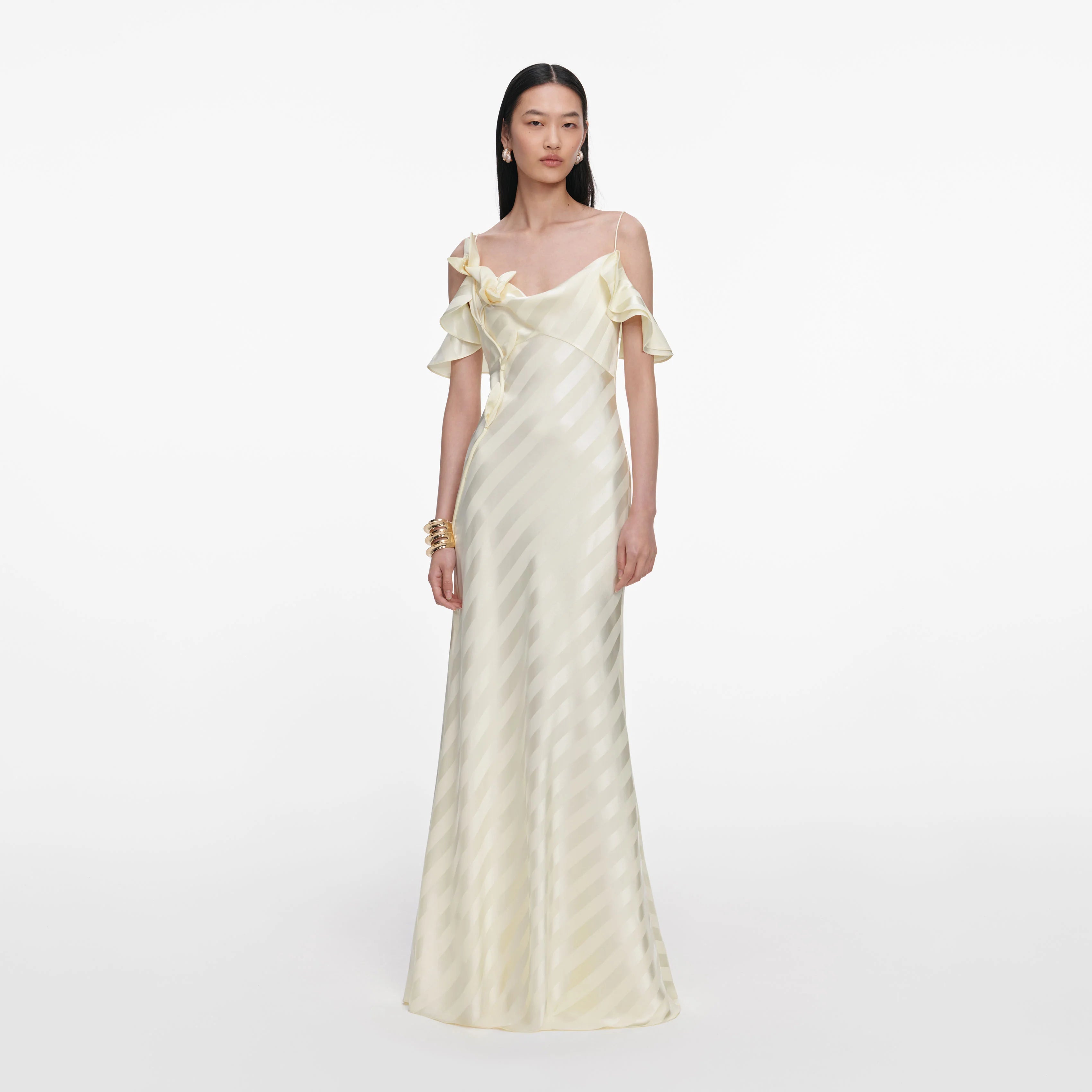 Yellow Satin Striped Maxi Dress