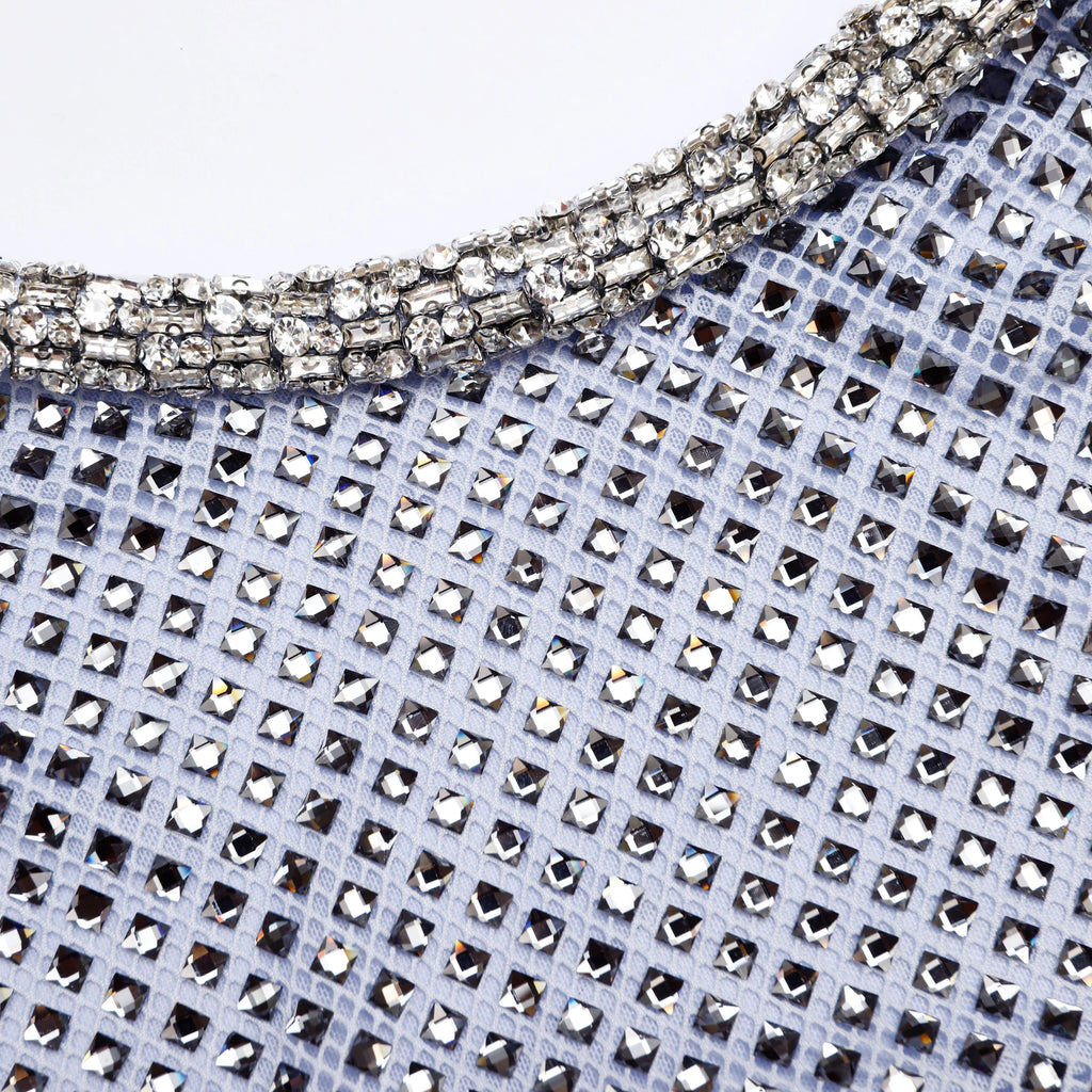 Blue Rhinestone Mesh Midi Dress