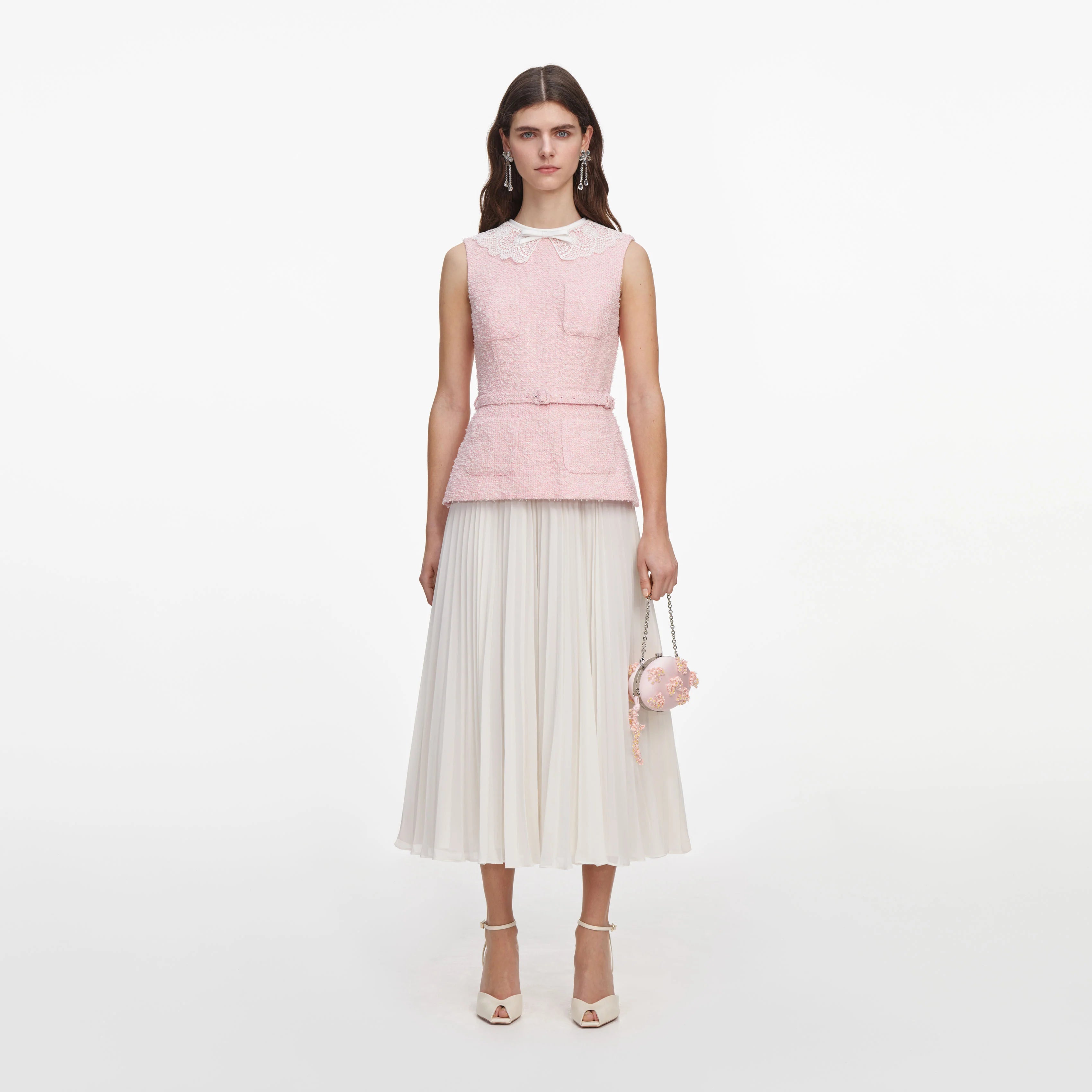 Pink Boucle Lace Collar Midi Dress