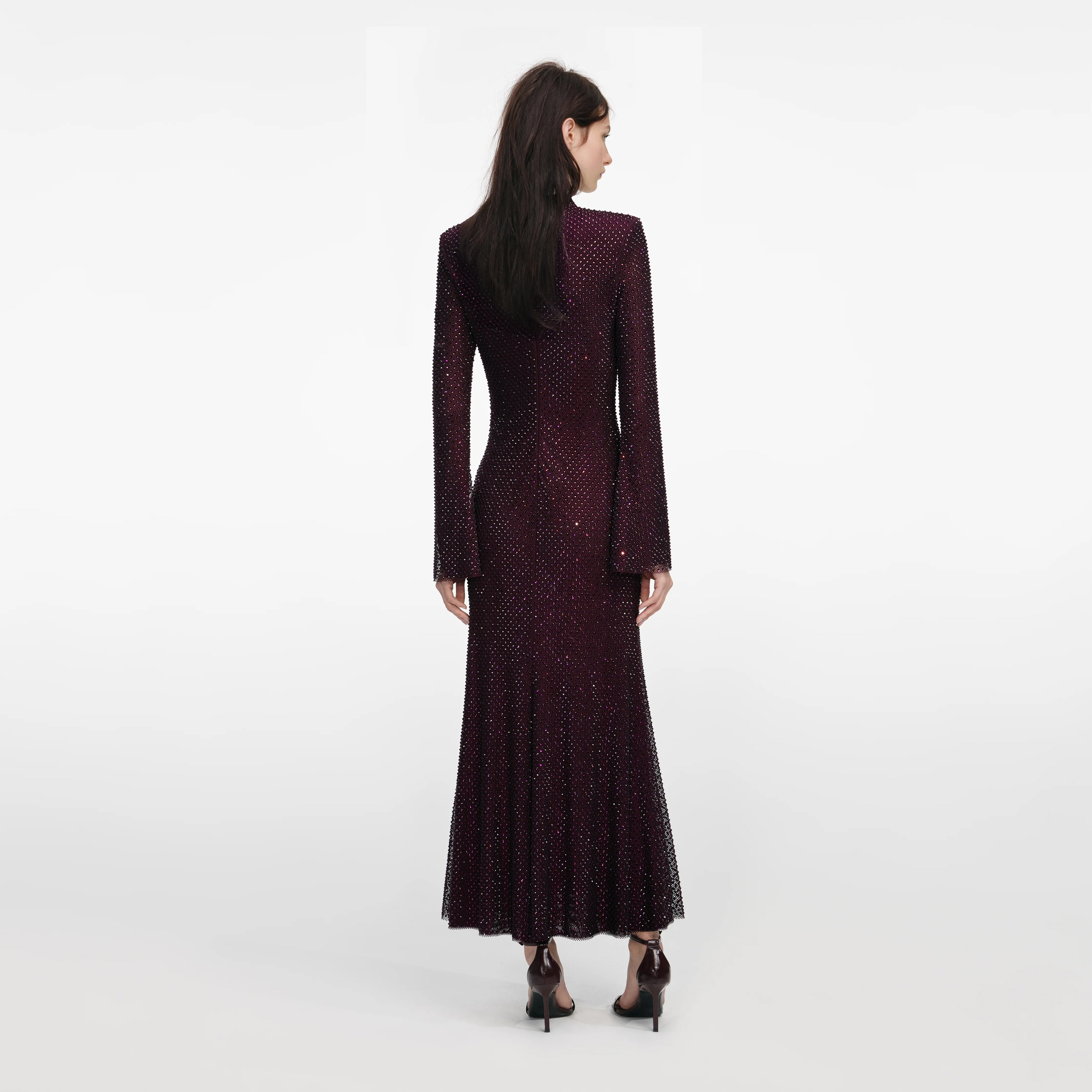 Burgundy Rhinestone Fishnet Midi Dress