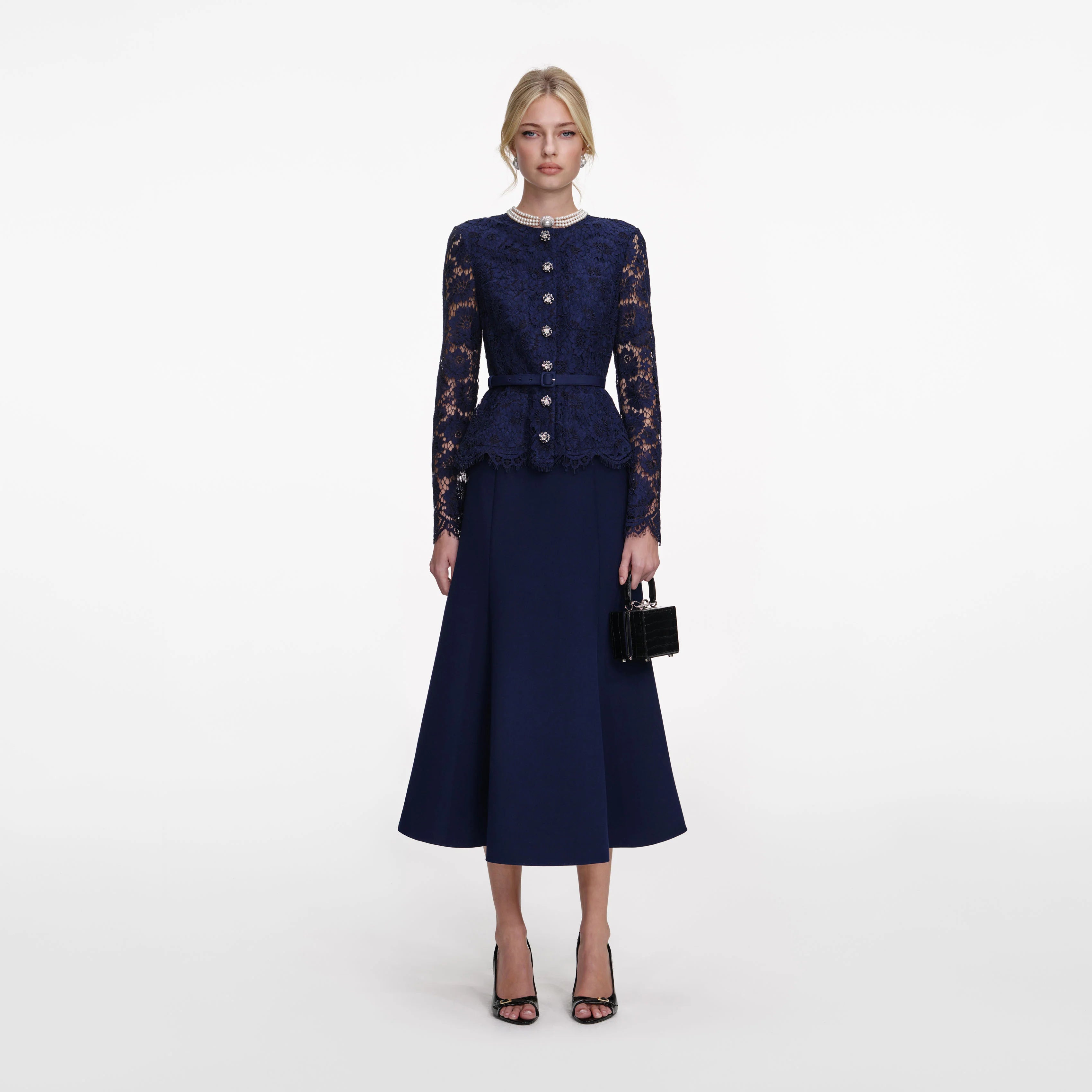 Navy Tailored Lace Midi Dress