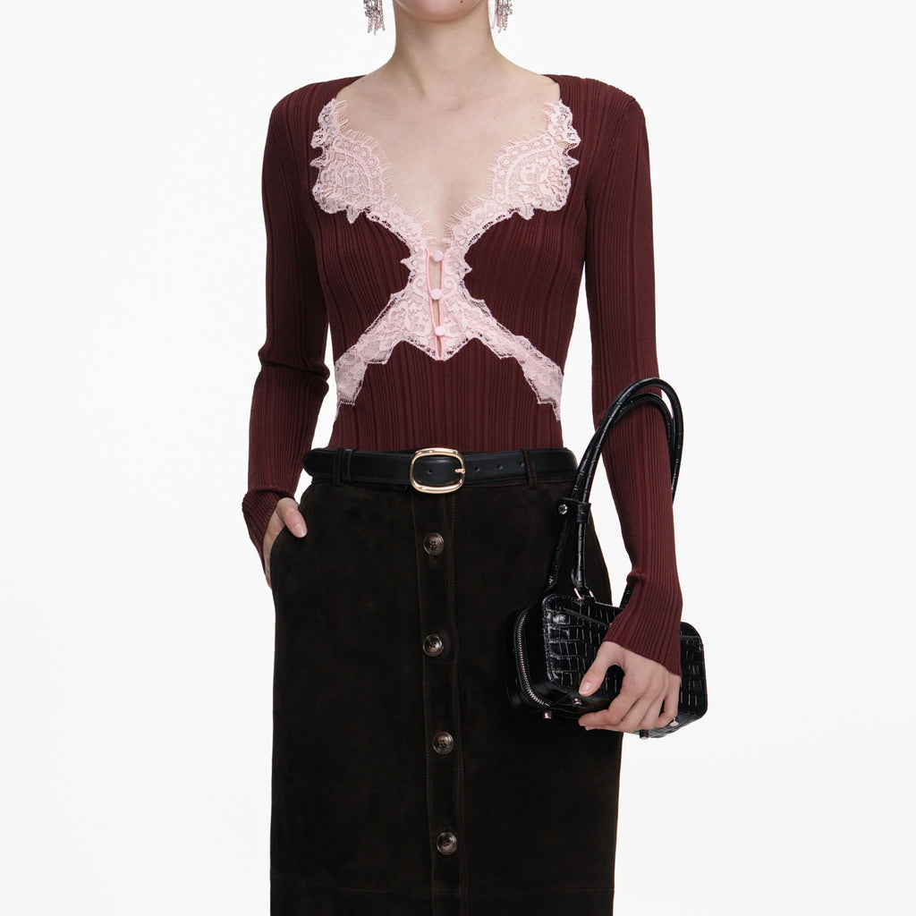 Brown Contrast Lace Knit Top
