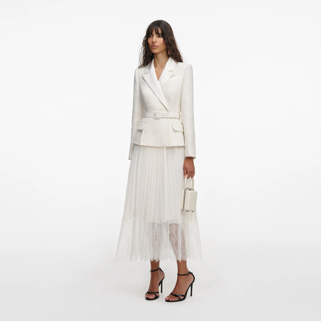 Cream Tailored Boucl¨¦ And Chiffon Midi Dress