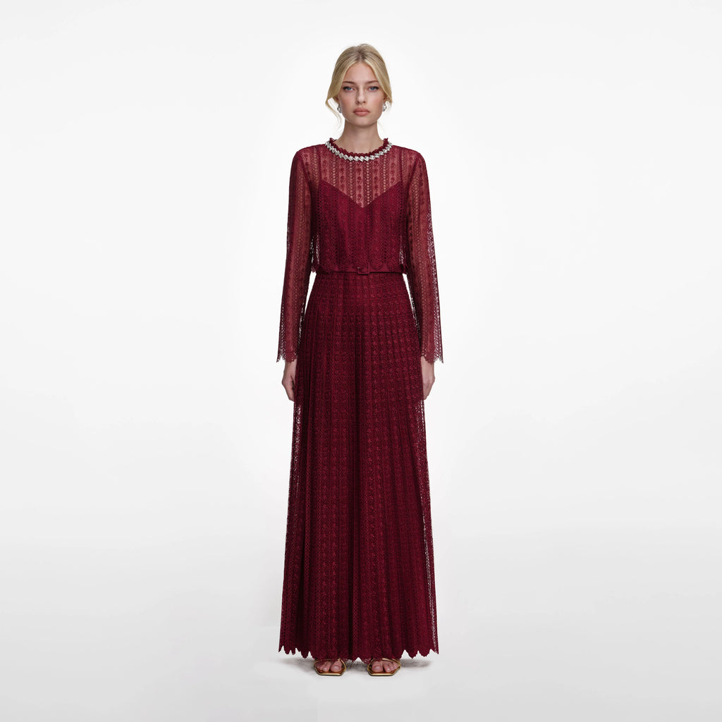 Burgundy Organza Lace Maxi Dress