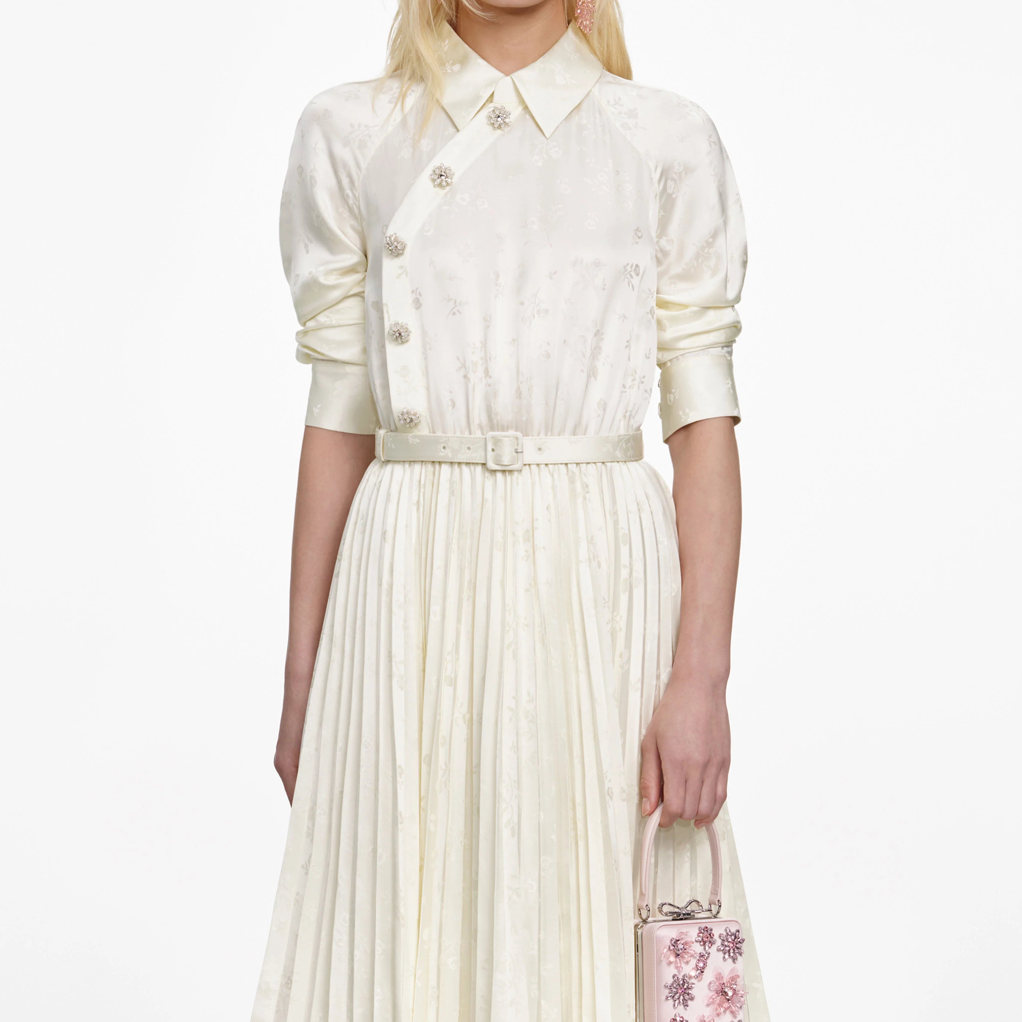 Cream Satin Jacquard Midi Dress