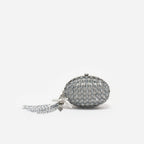 Grey Oval Crystal Chain Clutch Bag
